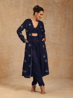 trueBrowns Midnight Blue Velvet Embroidered Jacket Set | Grocsy