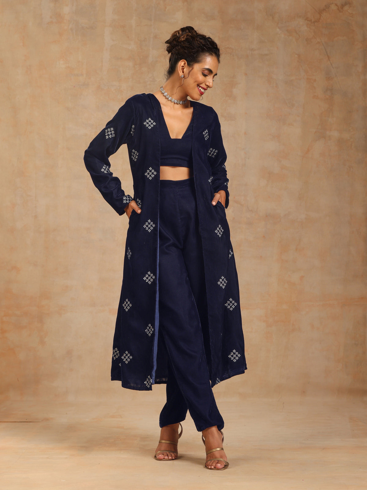 trueBrowns Midnight Blue Velvet Embroidered Jacket Set | Grocsy