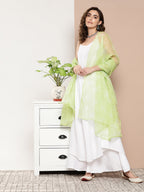 InWeave Women's Cream Strappy With Green White Chintz Organza Dupatta | Grocsy