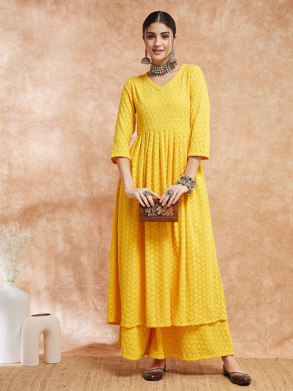 InWeave Women's Butter Yellow Chikankari Long Anarkali Kurta Sharara Set | Grocsy