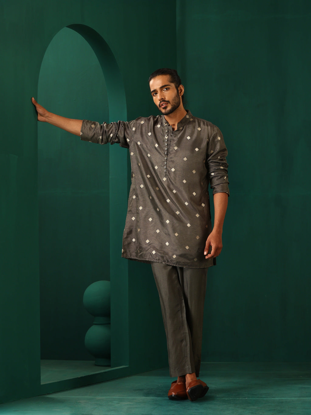 trueBrowns Men's Grey Diamond Viscose Silk Co-ord Set | Grocsy
