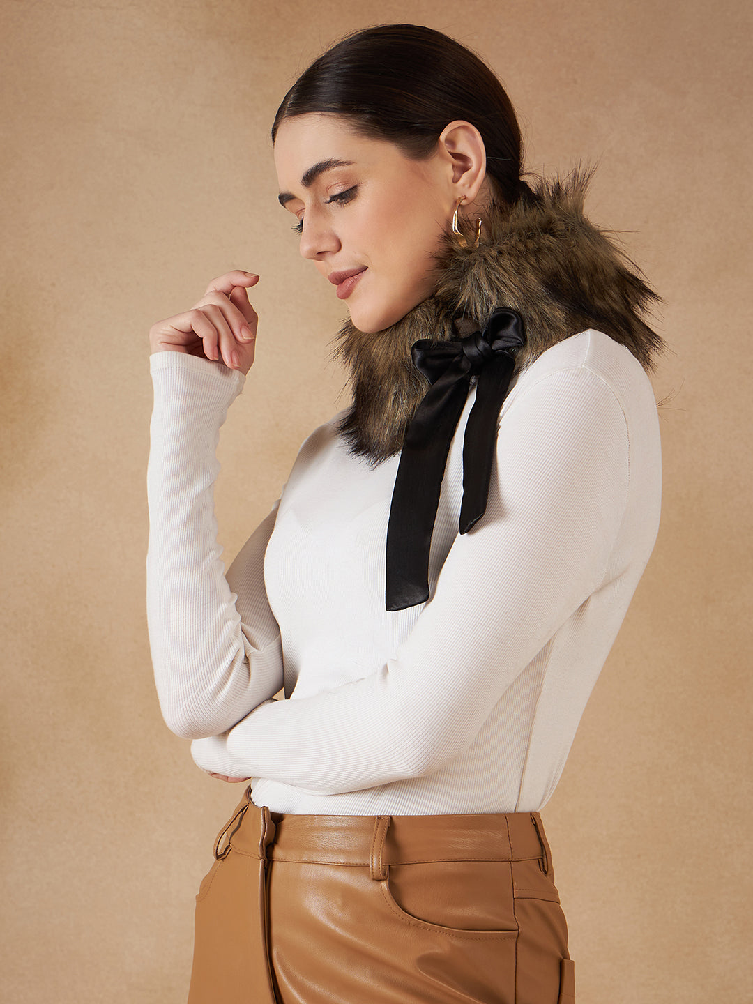 InWeave Women's Beige Print Fur Neckpiece | Grocsy