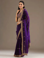 Tulsi Art Beautiful Purple Zari Embroidered Silk Party Wear Saree With Blouse | Grocsy