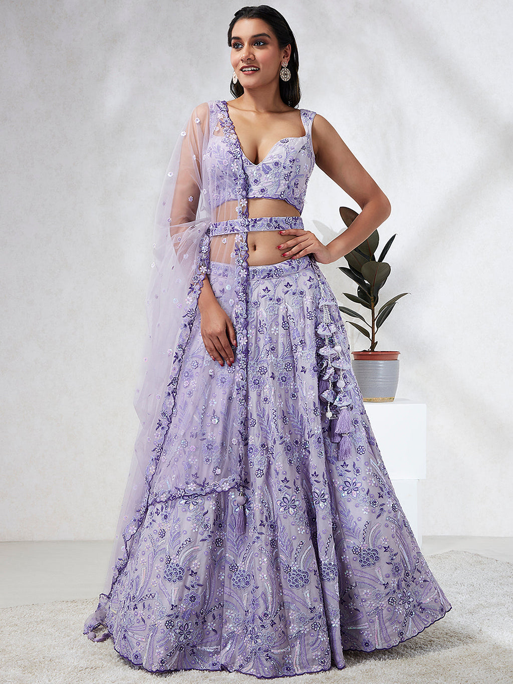 House of Panchhi Lavender Georgette Sequins And Thread Embroidery Lehenga Choli & Dupatta | Grocsy