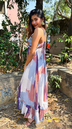 Noroke Pure Muslin Abstract Long Ruffled Tiered Dress - Printed | Grocsy