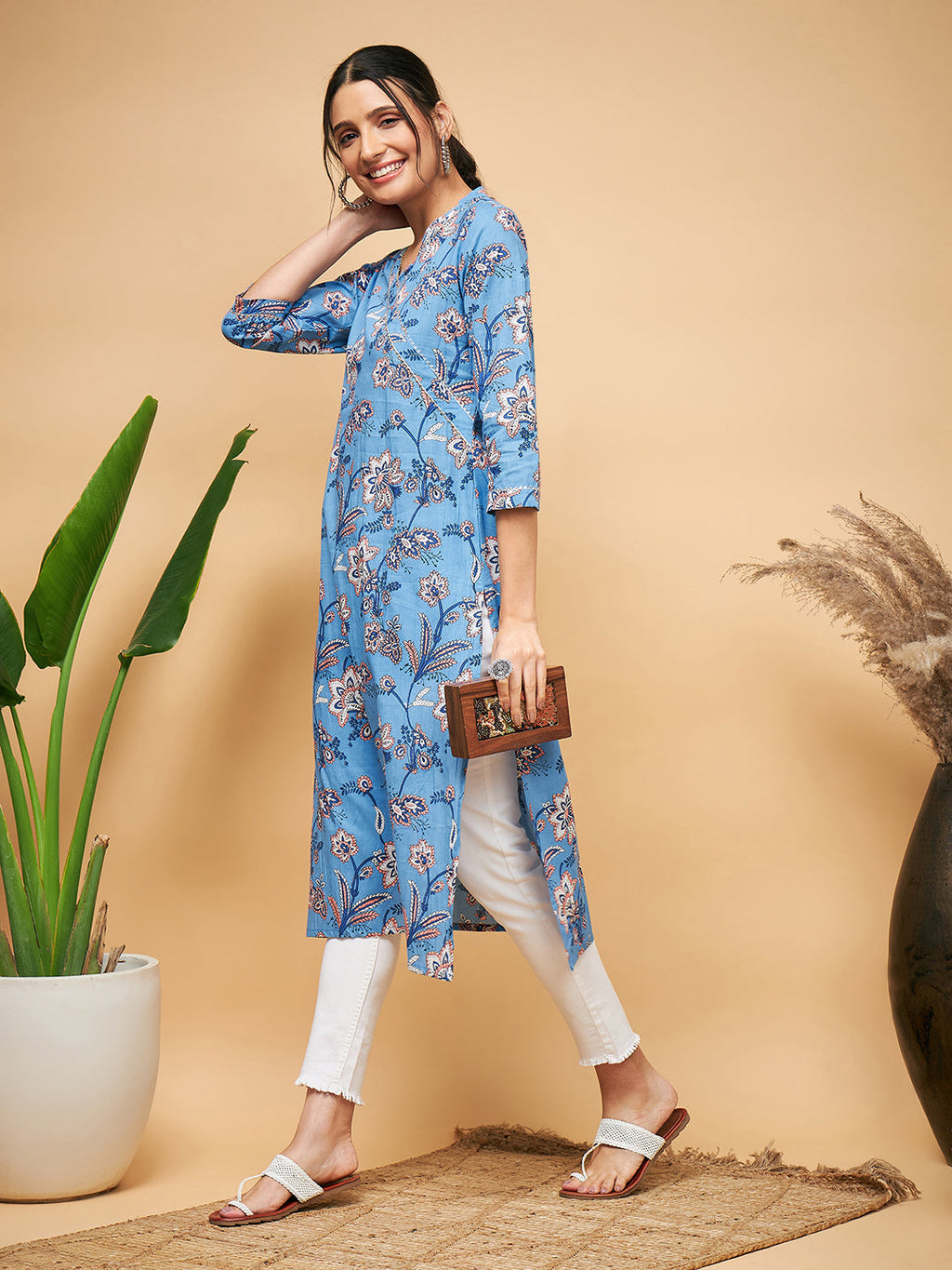 InWeave Women's Skyblue Pink Floral Angrakha Straight Kurta | Grocsy