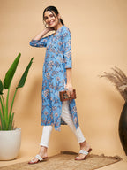 InWeave Women's Skyblue Pink Floral Angrakha Straight Kurta | Grocsy
