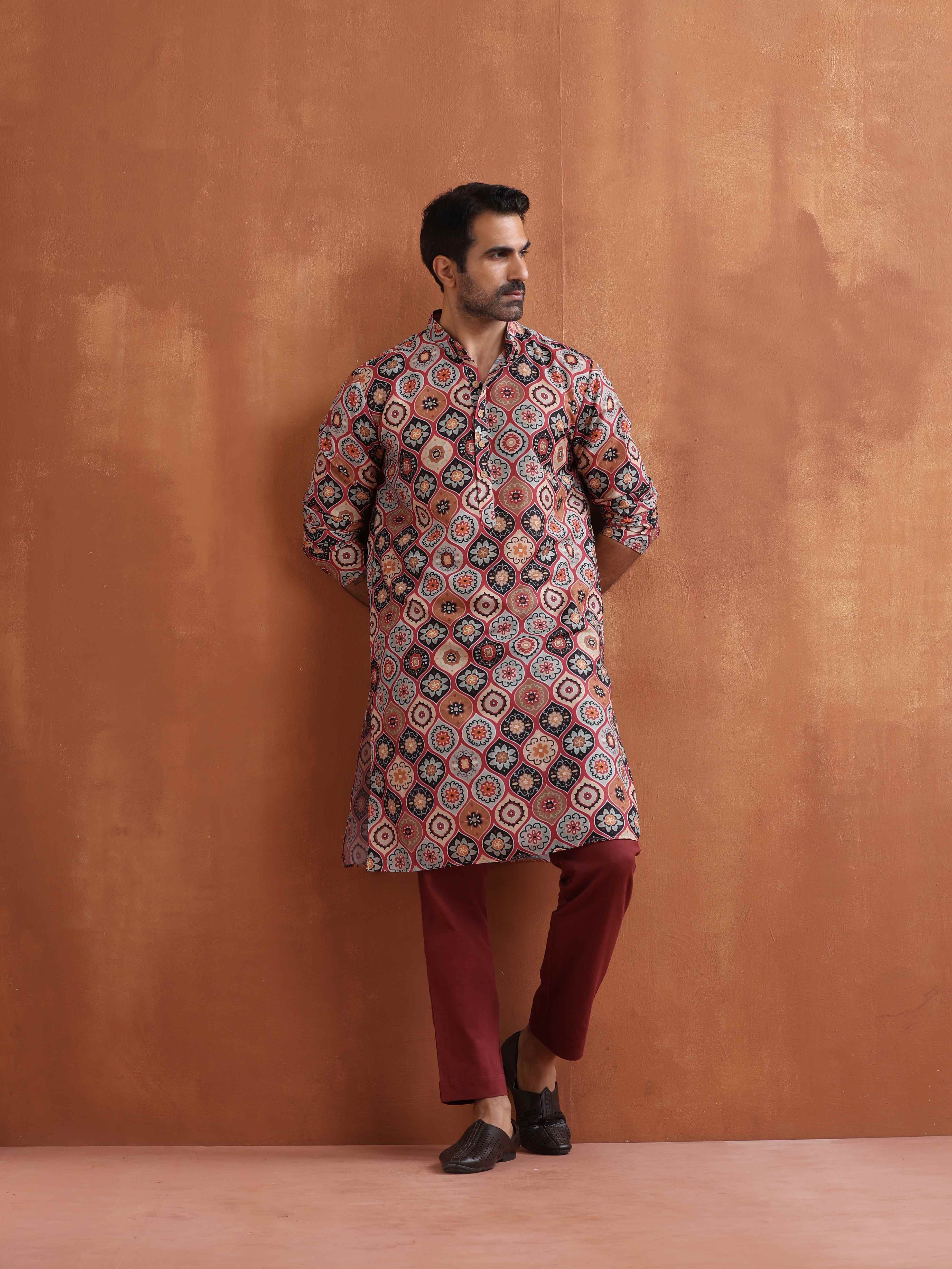 trueBrowns Men's Rust Geometric Printed Kurta | Grocsy