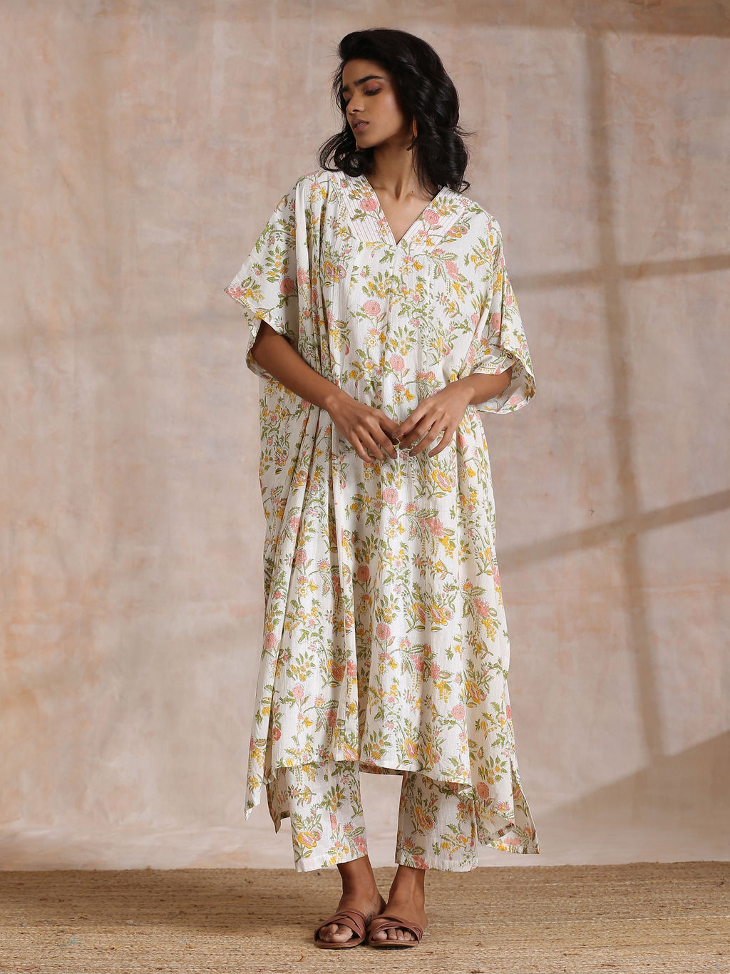 trueBrowns Pink Yellow Floral On White Block Print Cotton Panel Kaftan Kurta Pant Set | Grocsy
