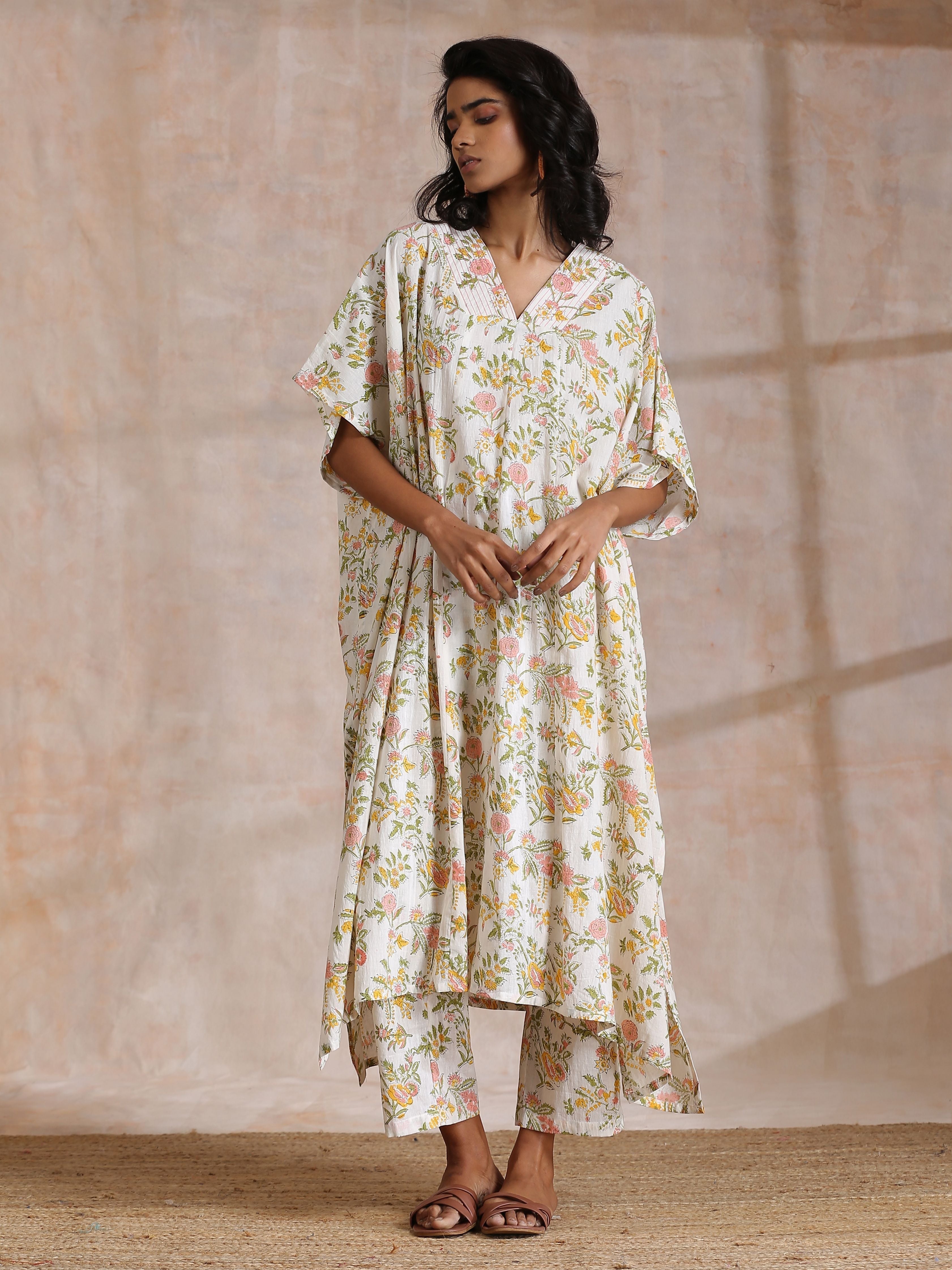 trueBrowns Pink Yellow Floral On White Block Print Cotton Panel Kaftan Kurta Pant Set | Grocsy
