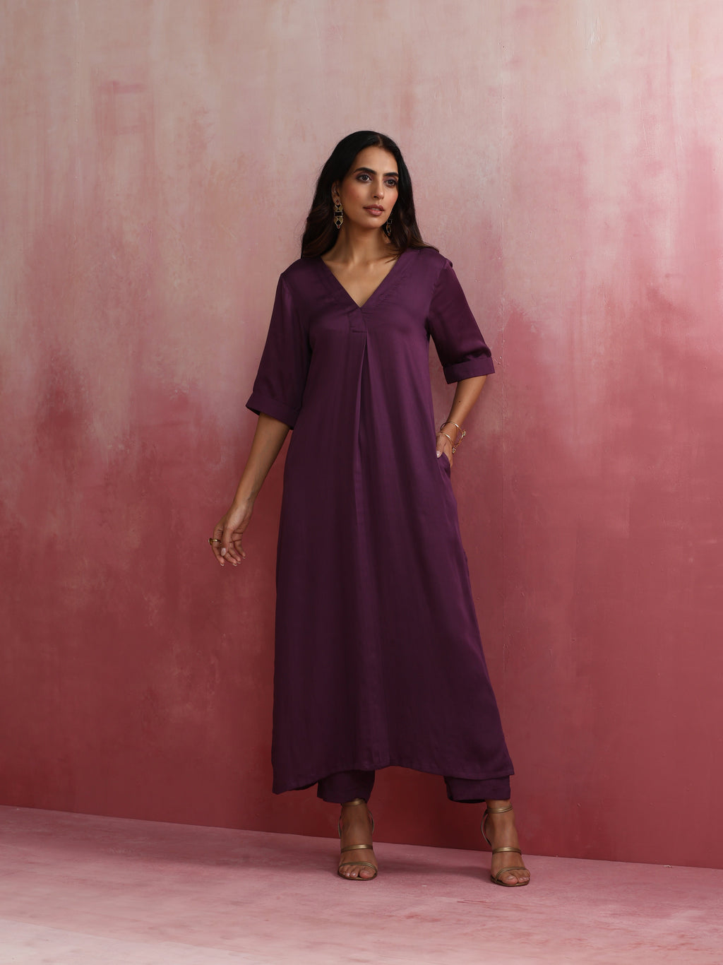 trueBrowns Purple Modal Pleated Kurta Set | Grocsy