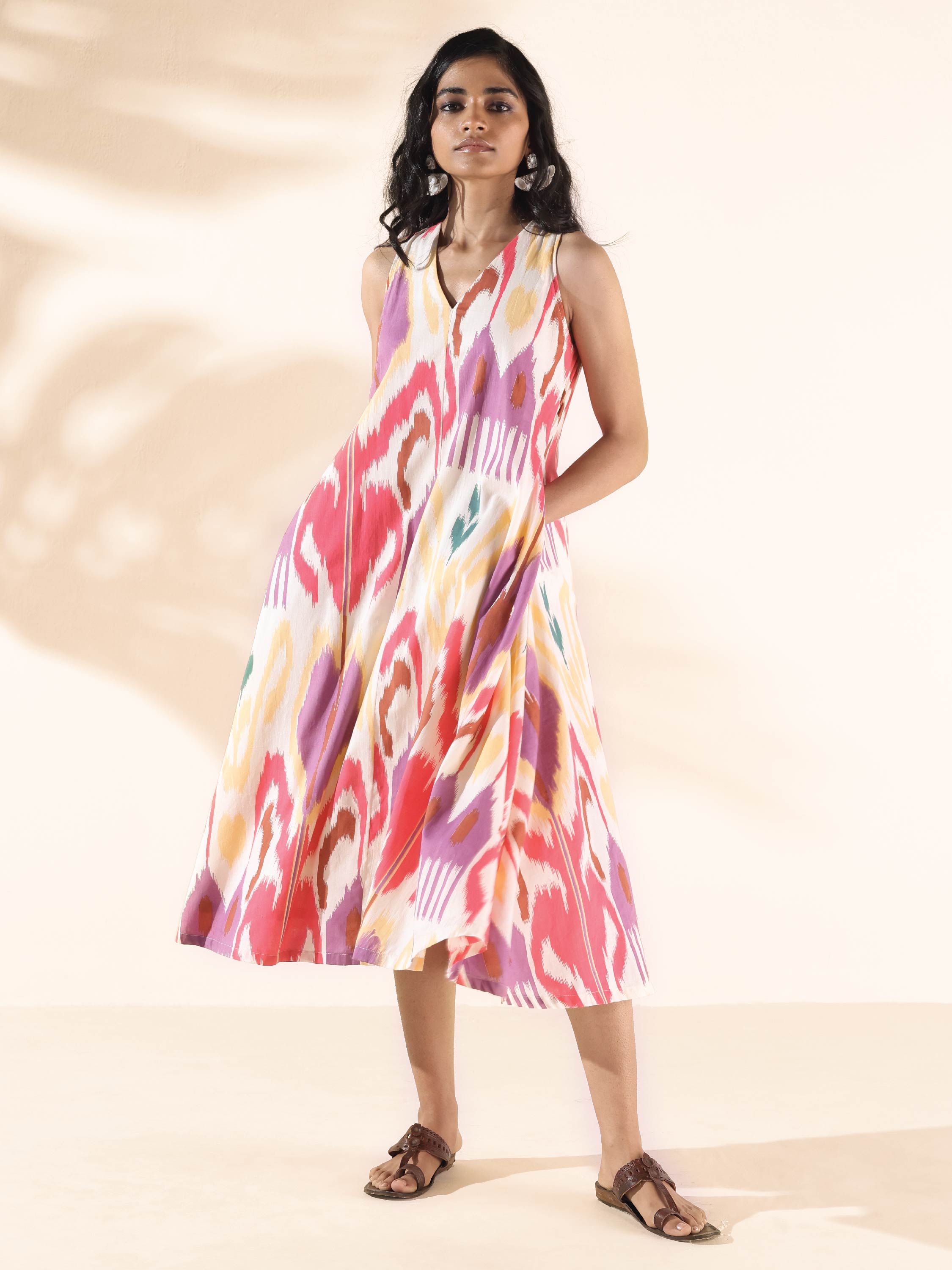 trueBrowns Pink Cotton Ikat Sleeveless Dress | Grocsy