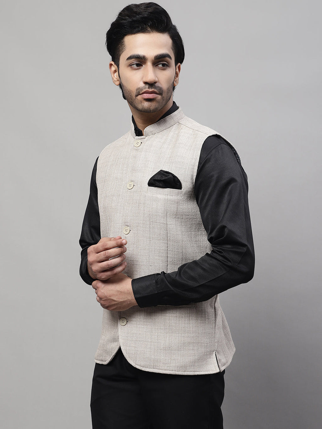 Even Apparels Men's Beige Nehru Jacket With Welt Pockets | Grocsy