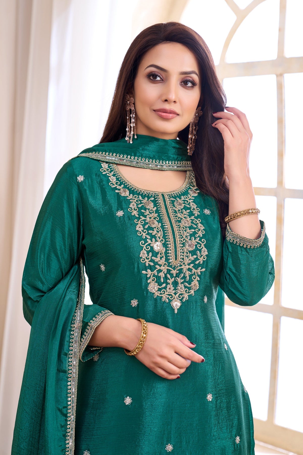 Anaita Teal Chiffon Readymade Suit with Coding Work | Grocsy