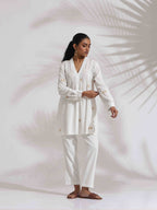 trueBrowns Off-White Cotton Embroidered A-line Co-ord Set | Grocsy