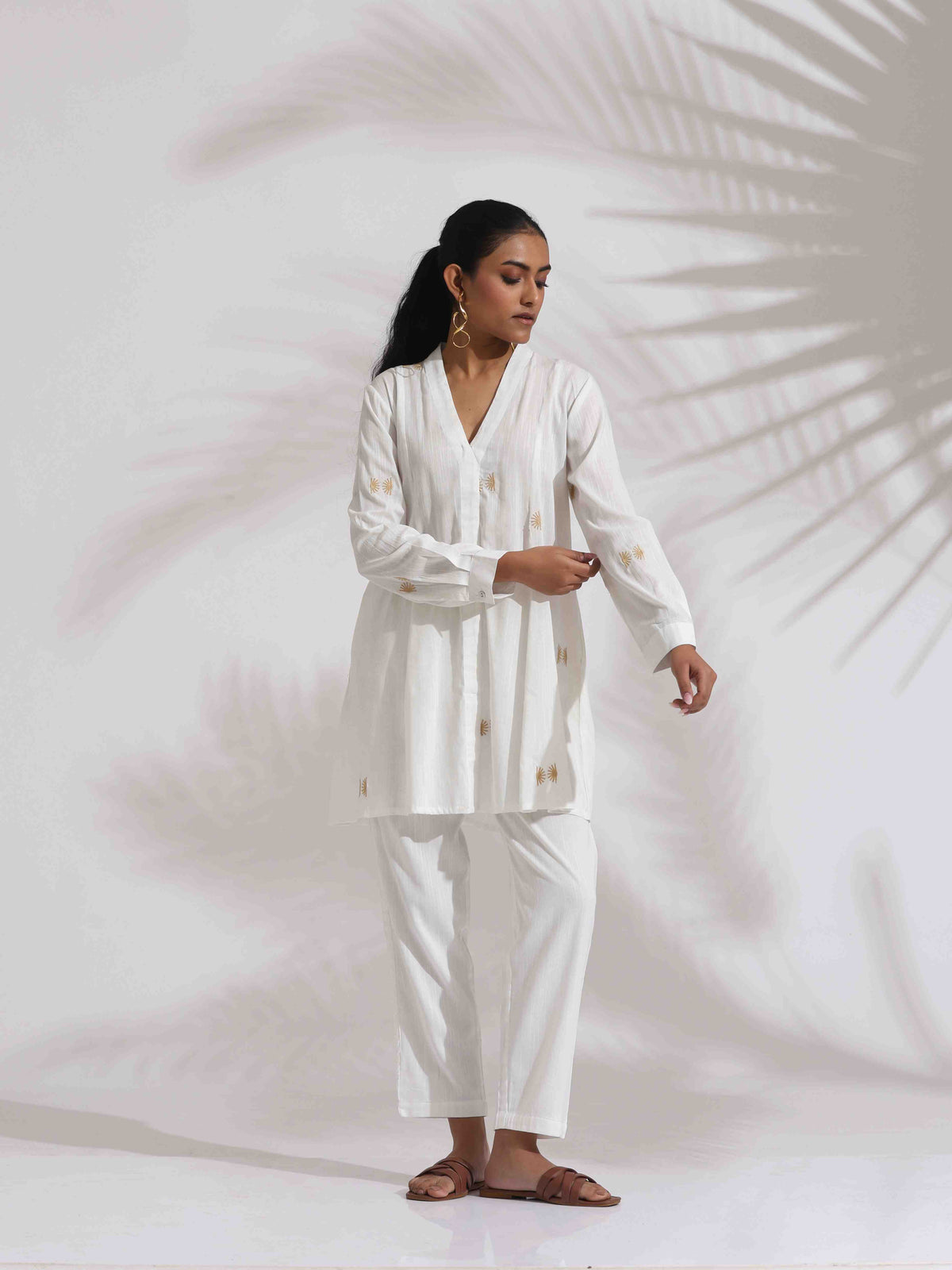 trueBrowns Off-White Cotton Embroidered A-line Co-ord Set | Grocsy