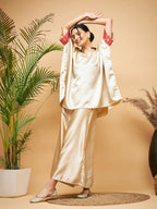 InWeave Women's Beige Red Brocade Boho Satin Top W Palazzo Set | Grocsy