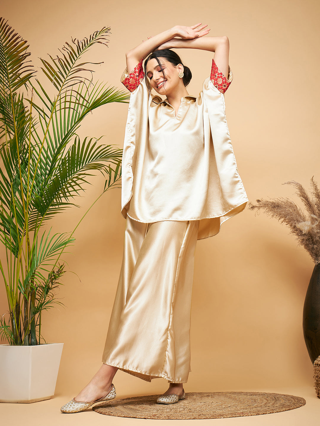 InWeave Women's Beige Red Brocade Boho Satin Top W Palazzo Set | Grocsy