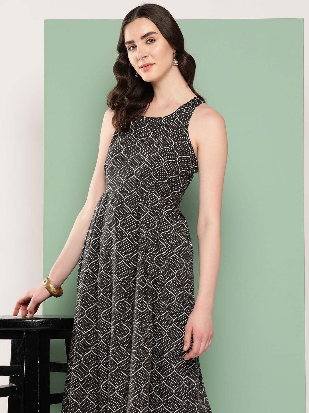 InWeave Women's Black Bandhej Print Raisa Back Detial Long Coords Set | Grocsy