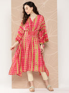 Ahalyaa Women Printed Flared Sleeves Gotta Patti Belted Detail Crepe Kaftan Kurta | Grocsy