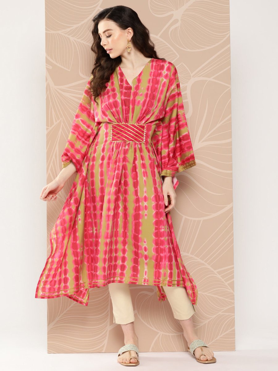 Ahalyaa Women Printed Flared Sleeves Gotta Patti Belted Detail Crepe Kaftan Kurta | Grocsy