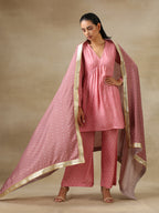 trueBrowns Light Mauve Bandhani Printed Silk Flared Kurta Pant Dupatta Set | Grocsy