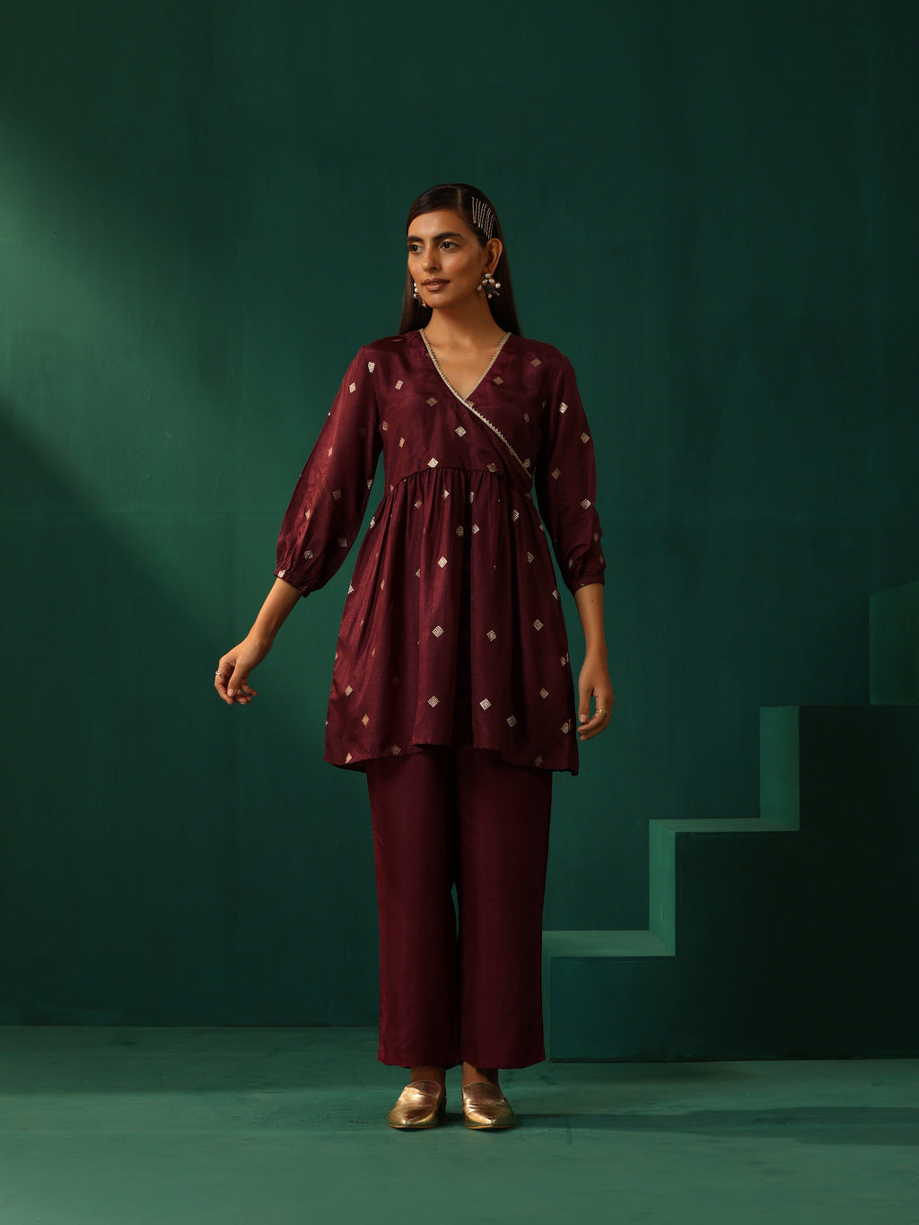trueBrowns Wine Diamond Viscose Silk Waist Gathered Co-ord Set | Grocsy