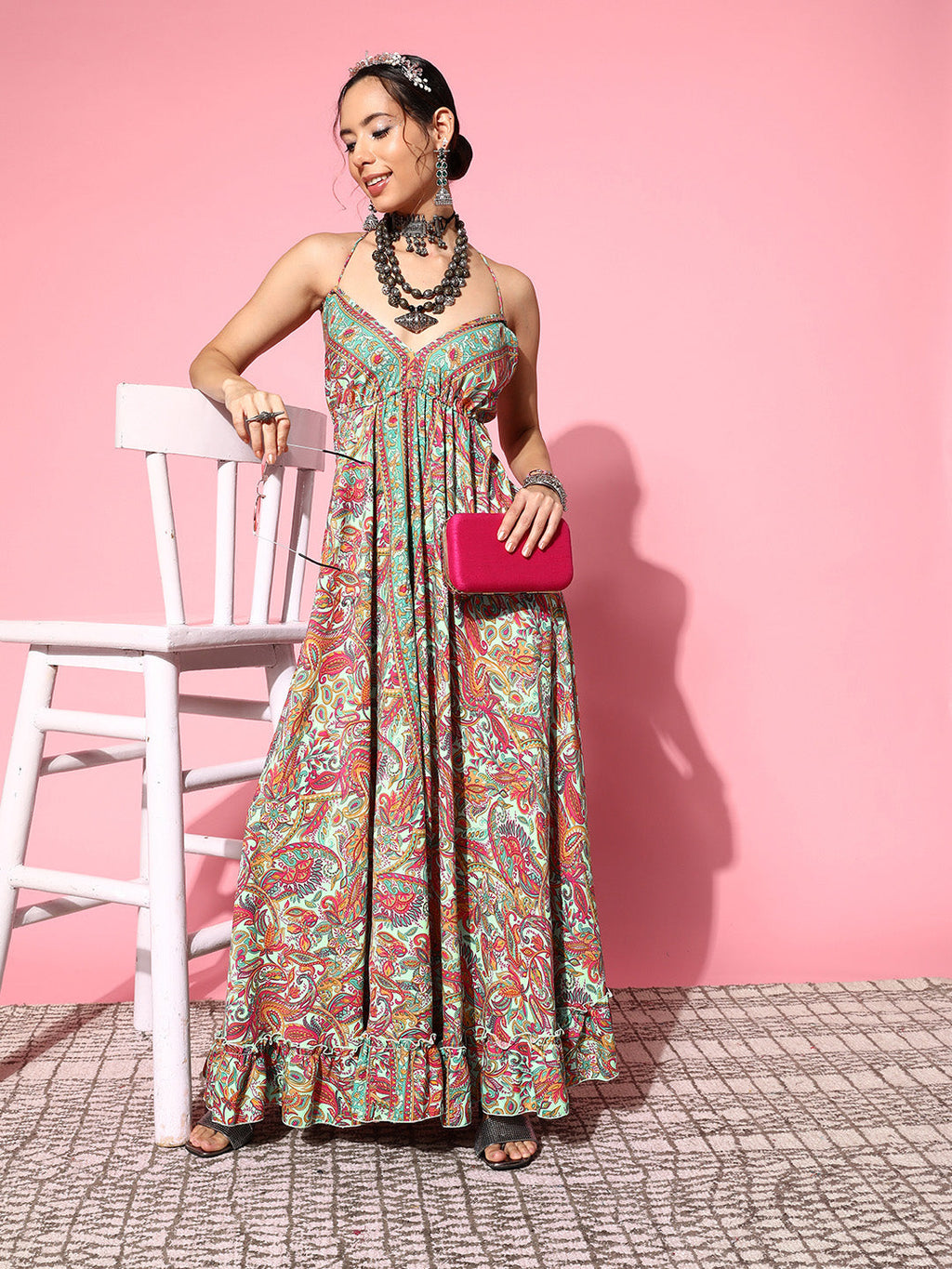 InWeave Women's Green Paisley Print Back Detail Long Dress | Grocsy