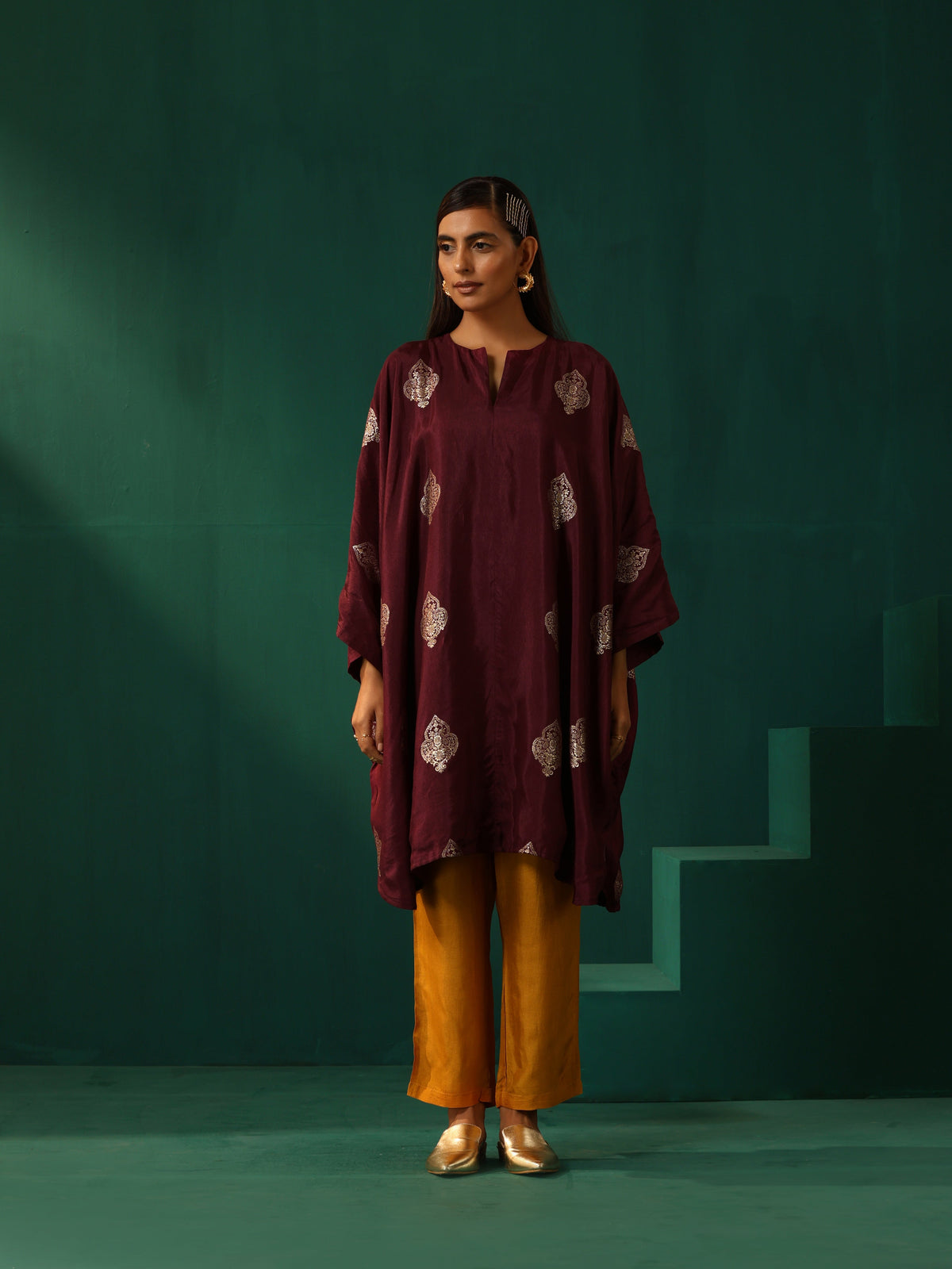 trueBrowns Wine Geometric Viscose Silk Kaftan Kurta Pant Set | Grocsy