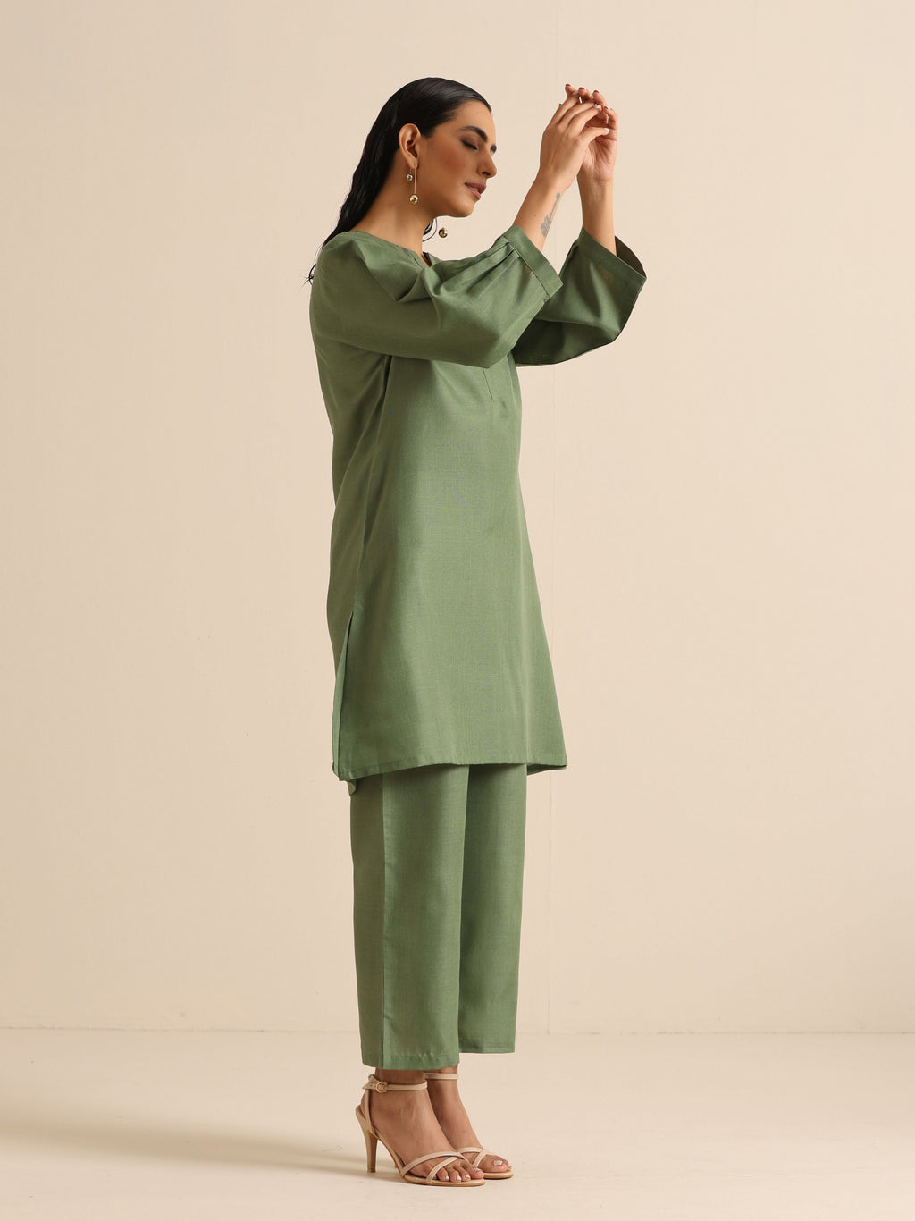 trueBrowns Olive Green Slub Relaxed Placket Co-Ord Set | Grocsy