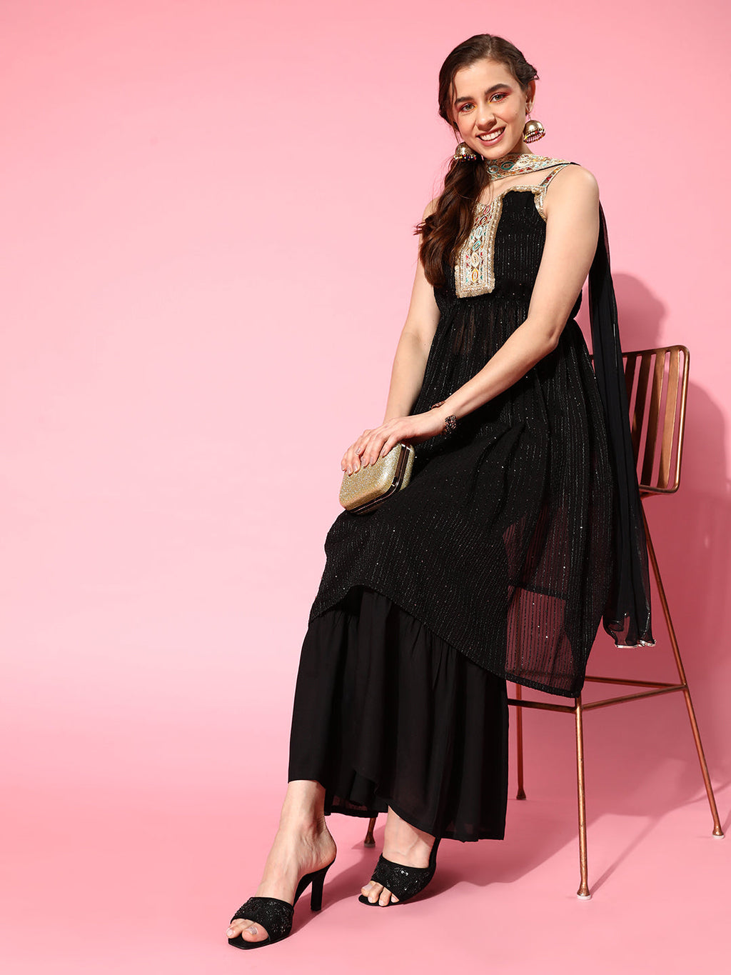 InWeave Women's Black Gota Insert Neckline Sharara Set | Grocsy
