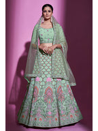 Myra Pista Green Georgette Embroidered Designer Lehenga Choli | Grocsy
