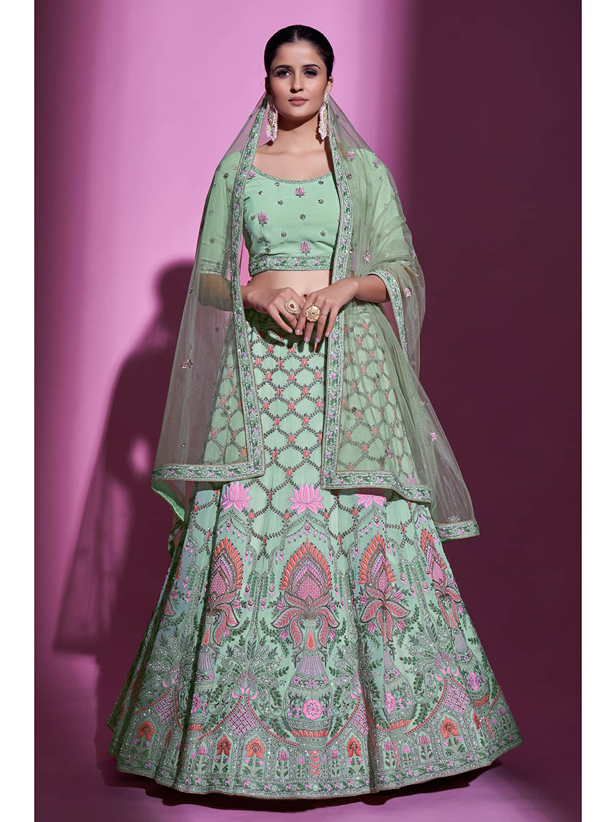 Myra Pista Green Georgette Embroidered Designer Lehenga Choli | Grocsy