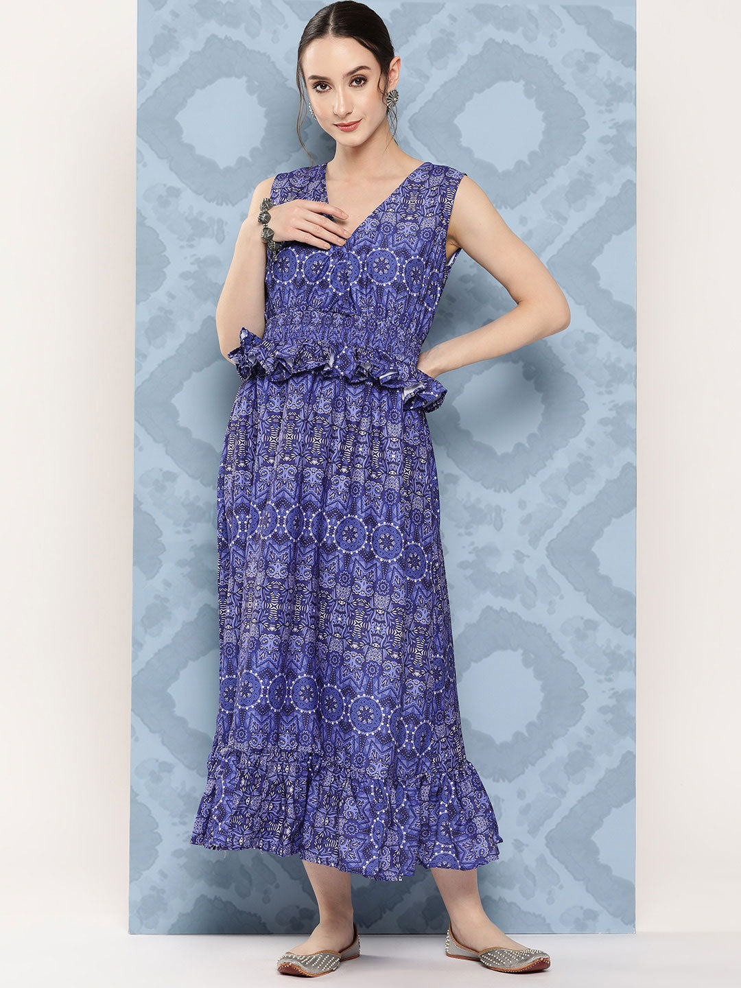 InWeave Women's Blue Floral Paisley Print Long Frill Dress | Grocsy