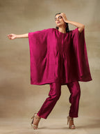 trueBrowns Purple Textured Silk Gathered Kaftan Co-Ord Set | Grocsy