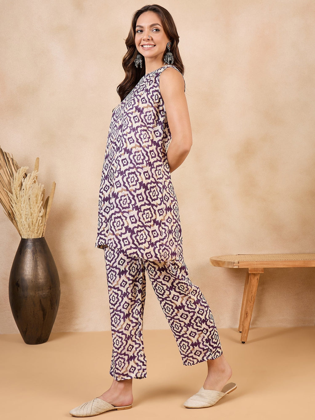 InWeave Purple White Moroccan Print Round Neck Kurta Set | Grocsy