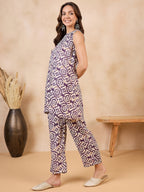 InWeave Purple White Moroccan Print Round Neck Kurta Set | Grocsy