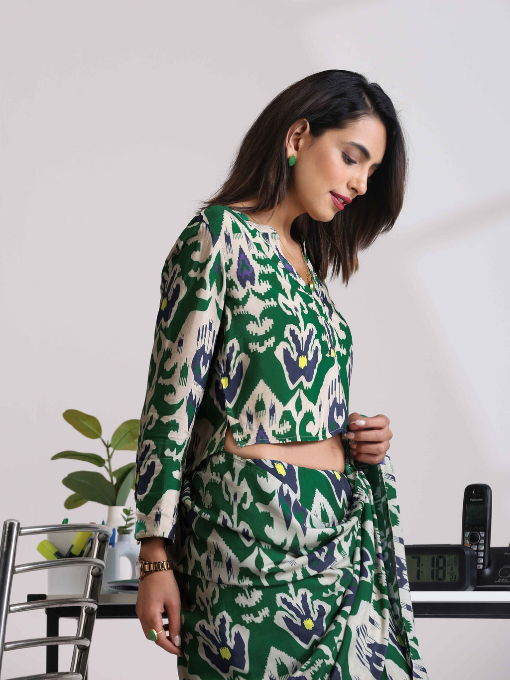 trueBrowns Green Muslin Ikat Shirt Blouse | Grocsy
