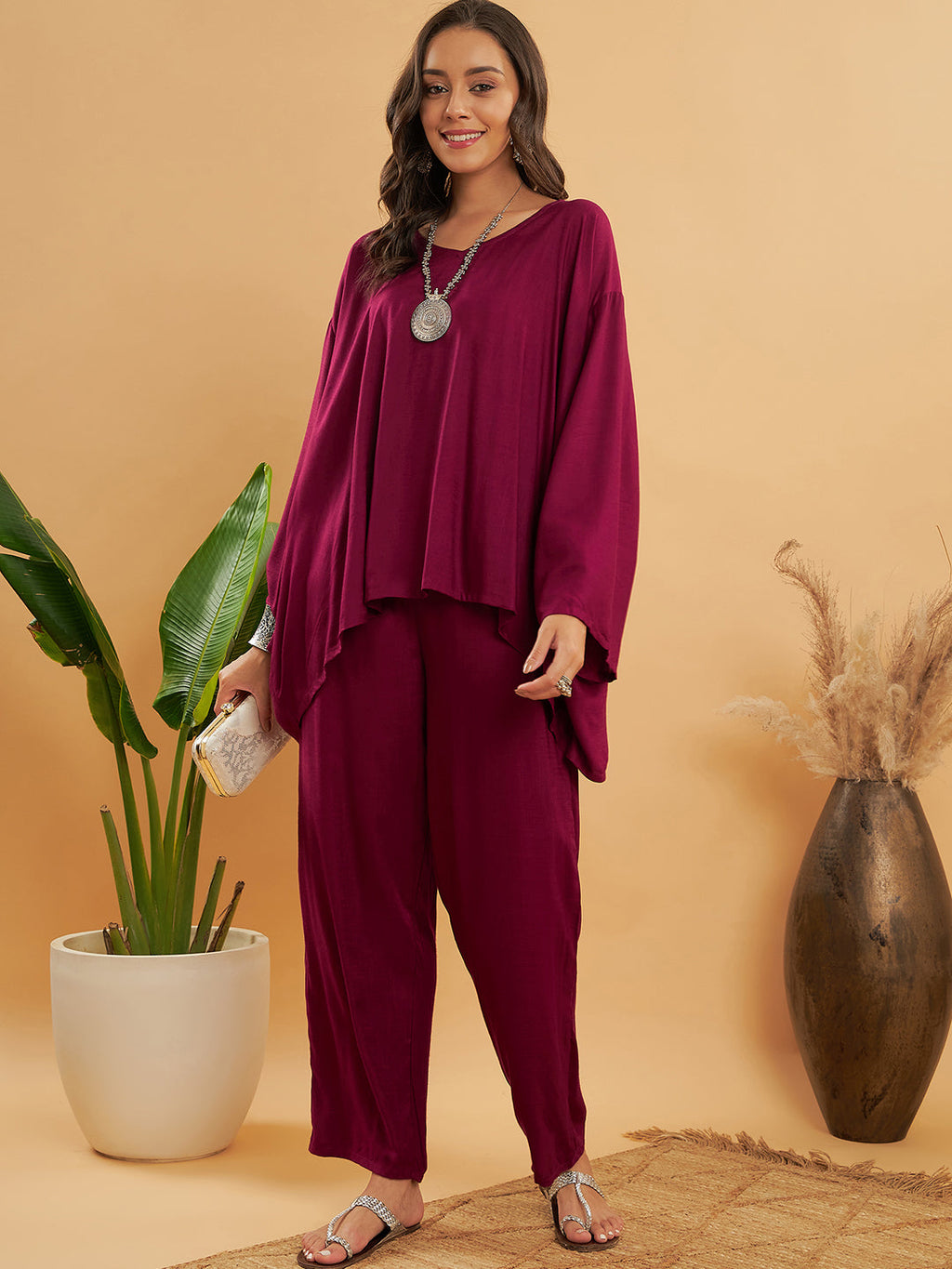 InWeave Women's Jam Wine Solid Boho Full Sleeve Coord Set | Grocsy