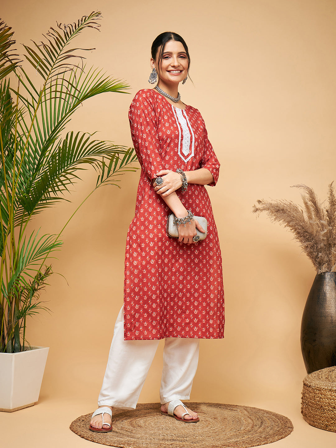 InWeave Women's Rust Small Floral Print Lace Straight Kurta Pant Set | Grocsy