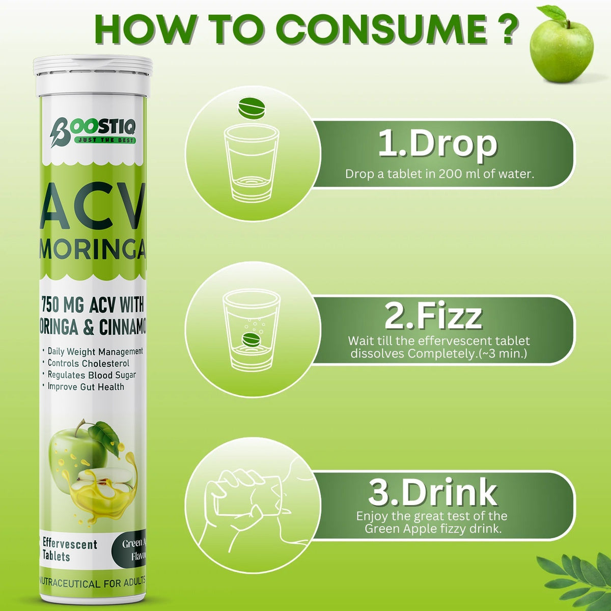 BOOSTIQ Apple Cider Vinegar With Moringa Effervescent Tablets - Green Apple Flavour | Grocsy