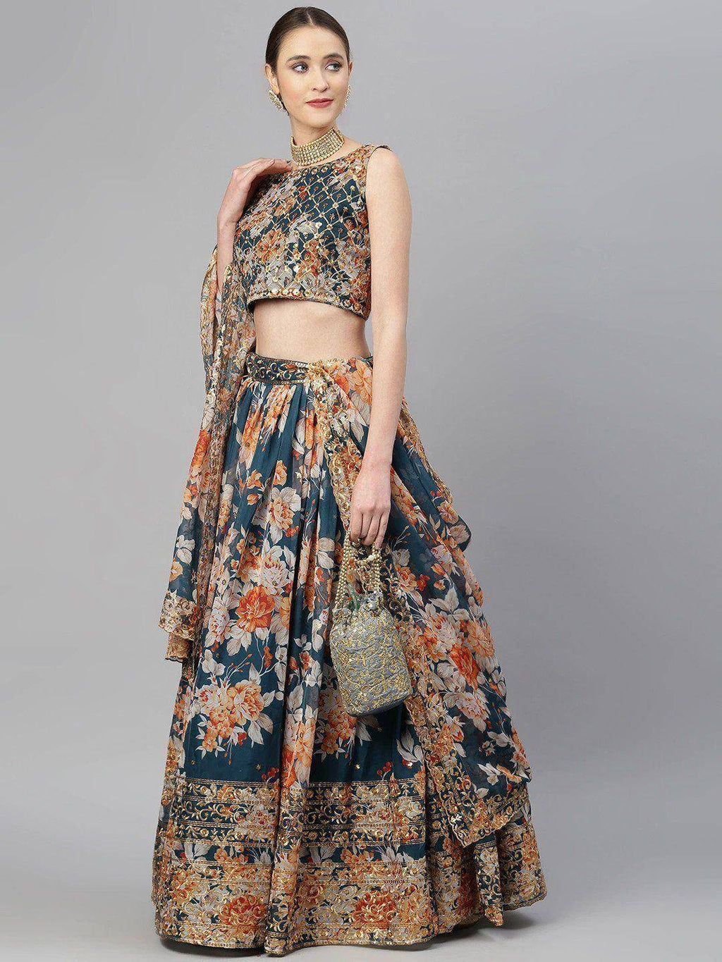 Tulsi Art Blue & Peach-Coloured Embellished Sequinned Semi-Stitched Myntra Lehenga & Unstitched Blouse | Grocsy