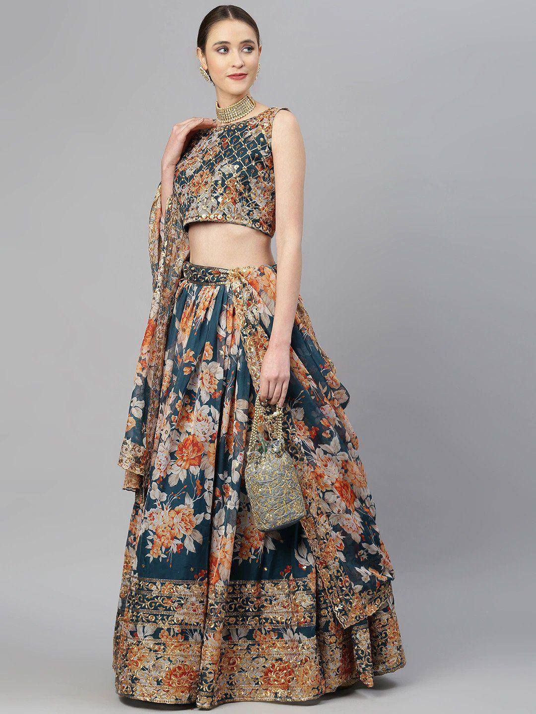 Tulsi Art Blue & Peach-Coloured Embellished Sequinned Semi-Stitched Myntra Lehenga & Unstitched Blouse | Grocsy