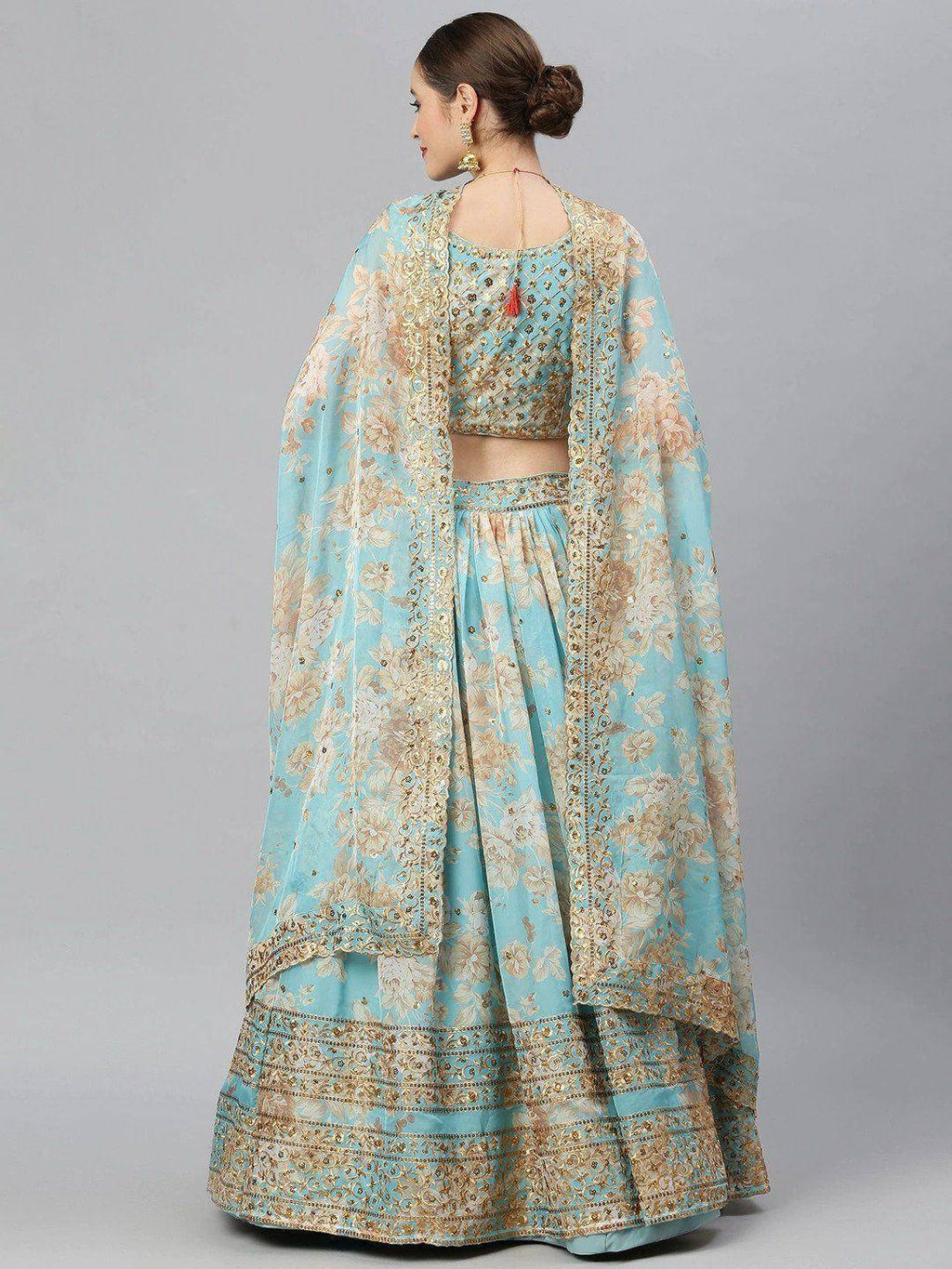 Tulsi Art Blue & Peach-Coloured Embellished Sequin Myntra Lehenga & Unstitched Blouse | Grocsy