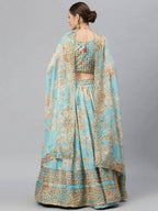 Tulsi Art Blue & Peach-Coloured Embellished Sequin Myntra Lehenga & Unstitched Blouse | Grocsy