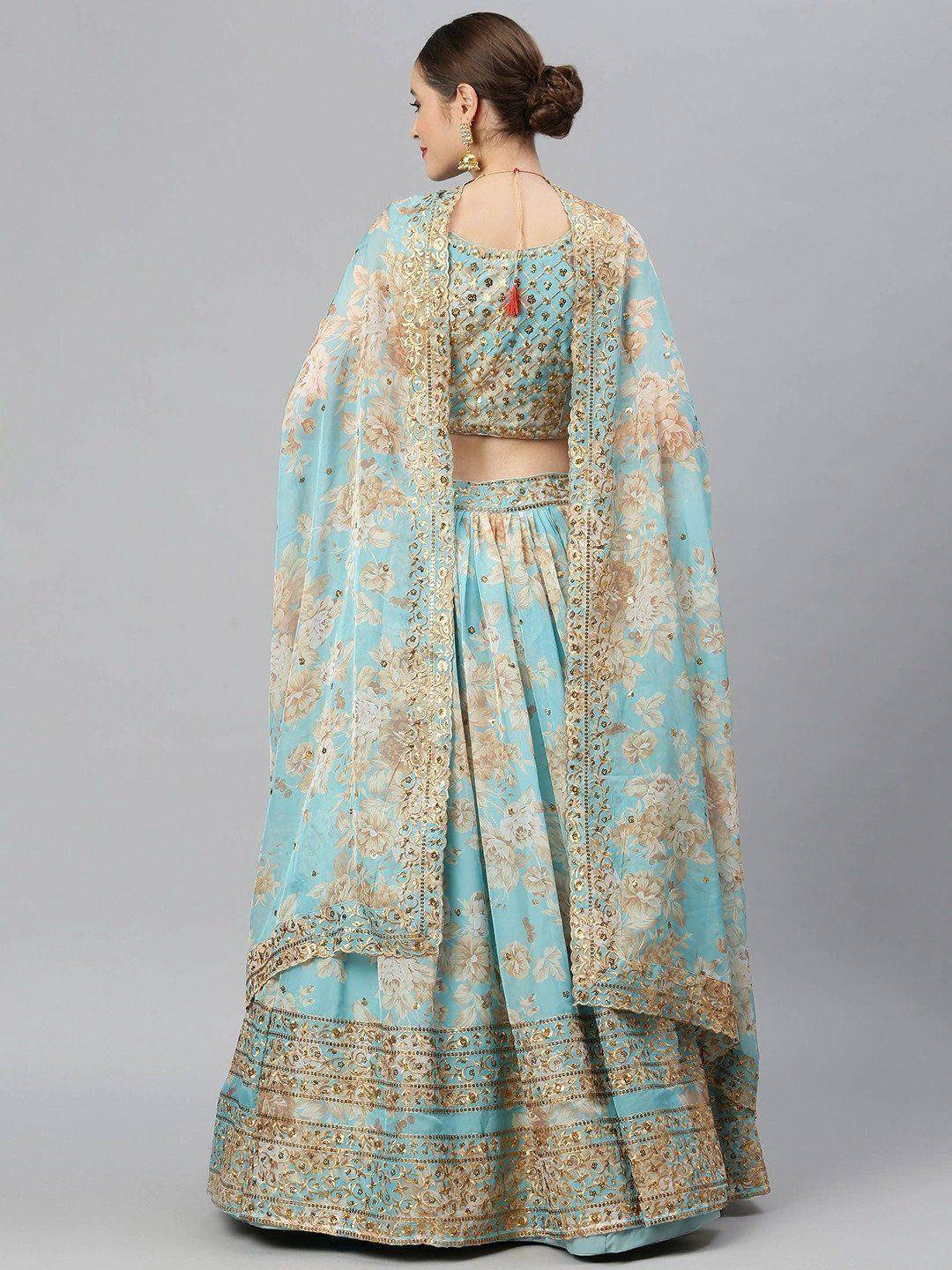 Tulsi Art Blue & Peach-Coloured Embellished Sequin Myntra Lehenga & Unstitched Blouse | Grocsy