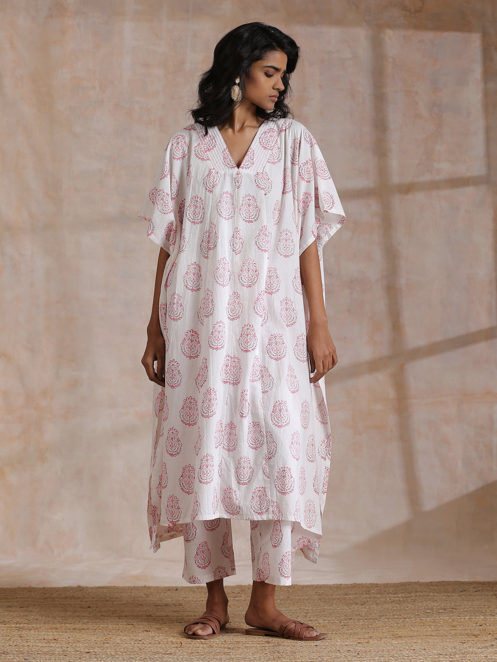 trueBrowns Pink Big Buta On White Print Cotton Panel Kaftan Kurta Pant Set | Grocsy