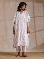trueBrowns Pink Big Buta On White Print Cotton Panel Kaftan Kurta Pant Set | Grocsy