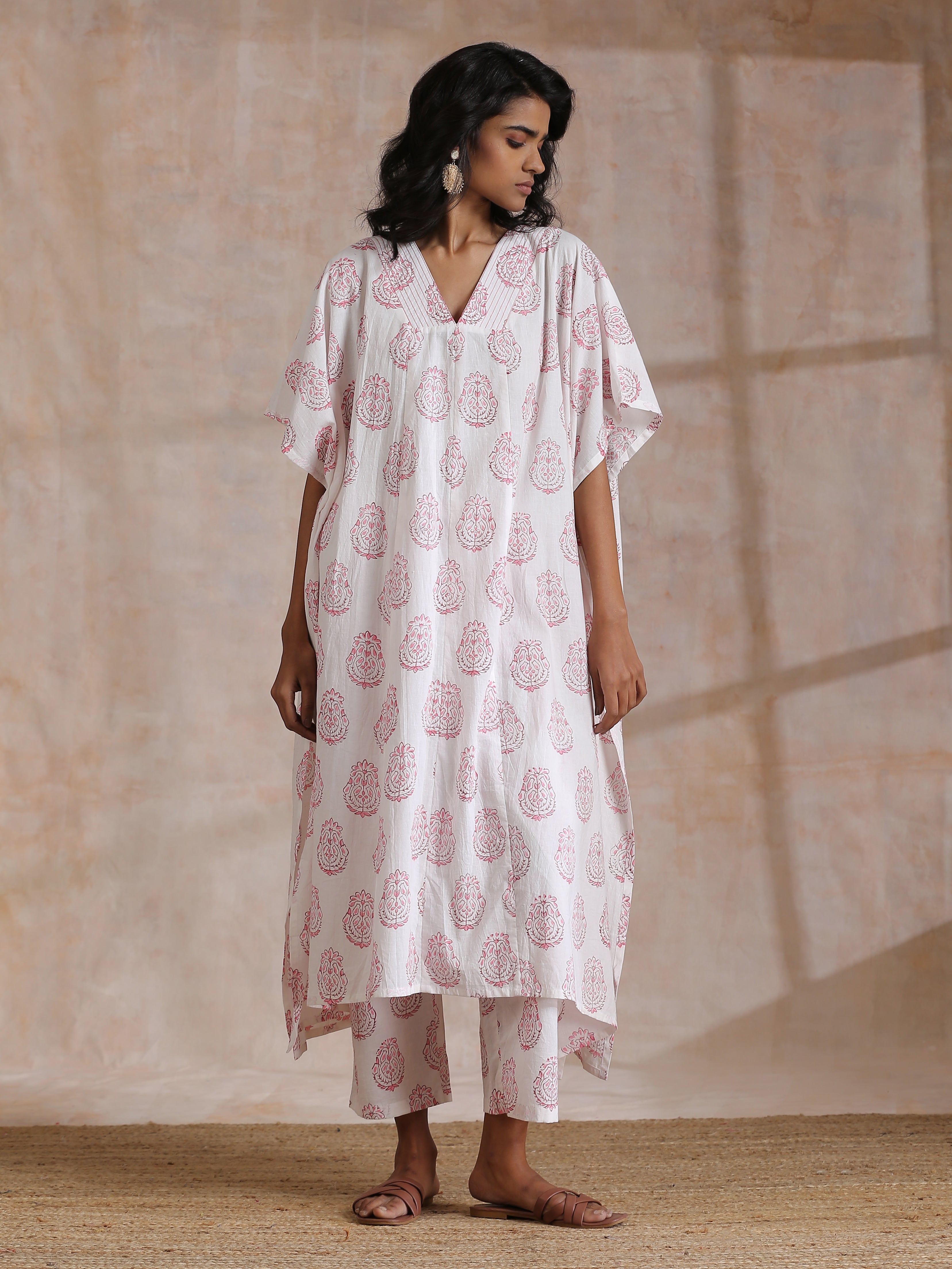 trueBrowns Pink Big Buta On White Print Cotton Panel Kaftan Kurta Pant Set | Grocsy