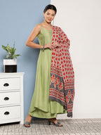 InWeave Women's Light Green Ray Strappy Set With Orange Floral Cotton Dupatta | Grocsy